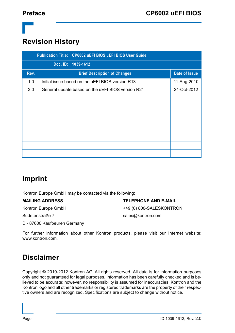 Revision history, Imprint, Disclaimer | Revision history imprint, Preface cp6002 uefi bios | Kontron CP6002 uEFI BIOS User Manual | Page 2 / 76
