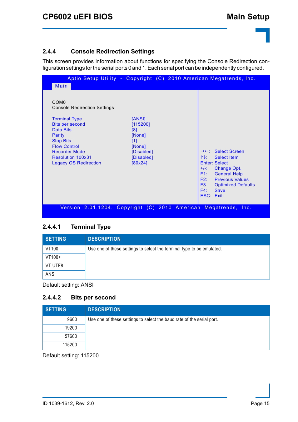 4 console redirection settings, Console redirection settings, Terminal type | Bits per second, Cp6002 uefi bios main setup, 1 terminal type, 2 bits per second | Kontron CP6002 uEFI BIOS User Manual | Page 21 / 76