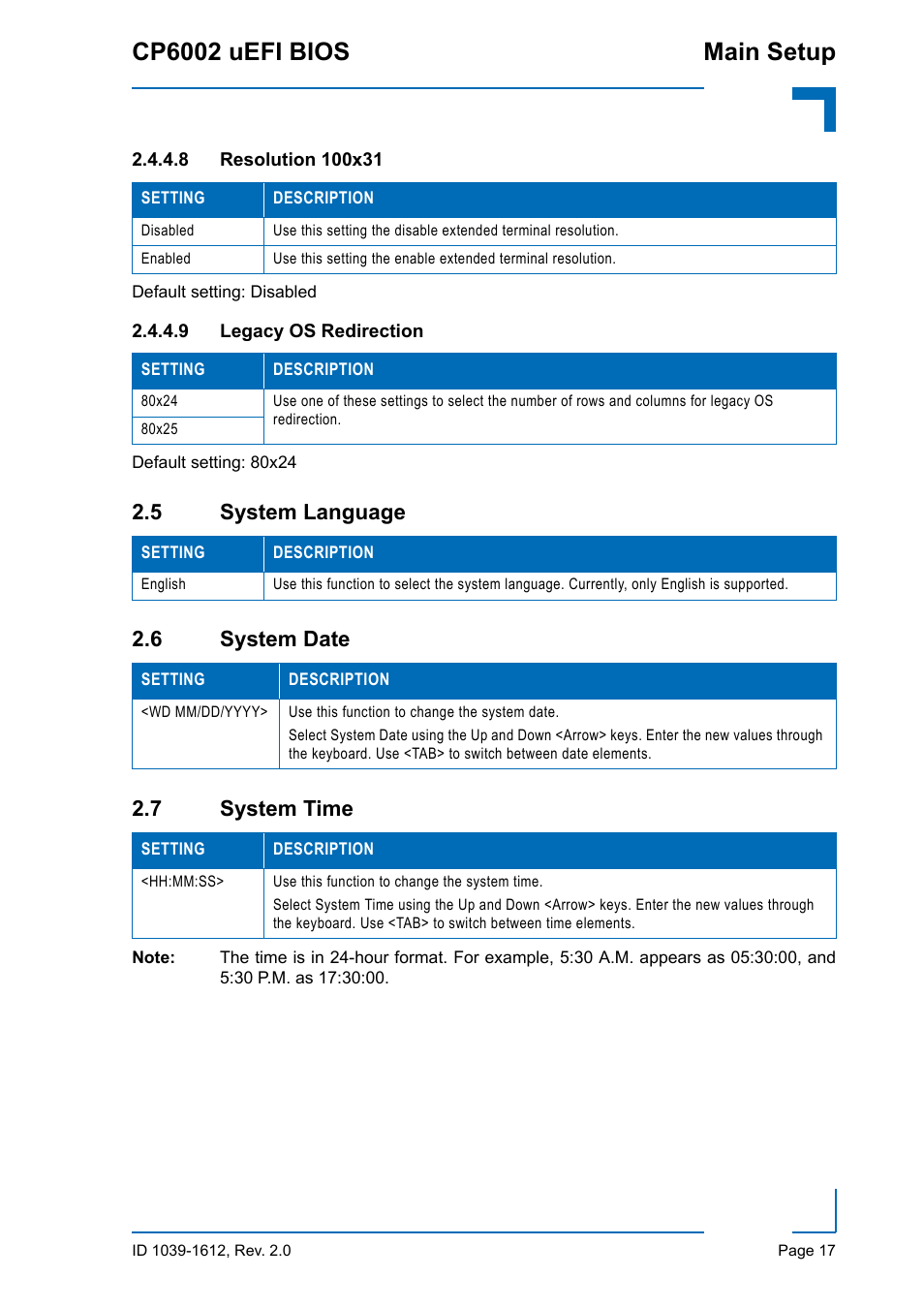 5 system language, 6 system date, 7 system time | Resolution 100x31, Legacy os redirection, 5 system language 2.6 system date 2.7 system time, Cp6002 uefi bios main setup | Kontron CP6002 uEFI BIOS User Manual | Page 23 / 76