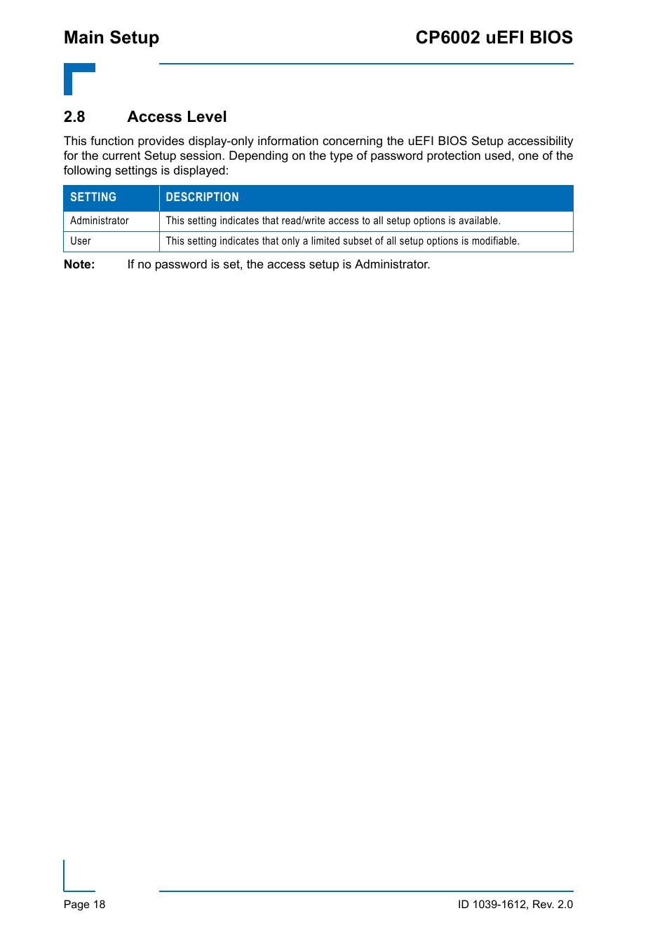 8 access level, Main setup cp6002 uefi bios | Kontron CP6002 uEFI BIOS User Manual | Page 24 / 76