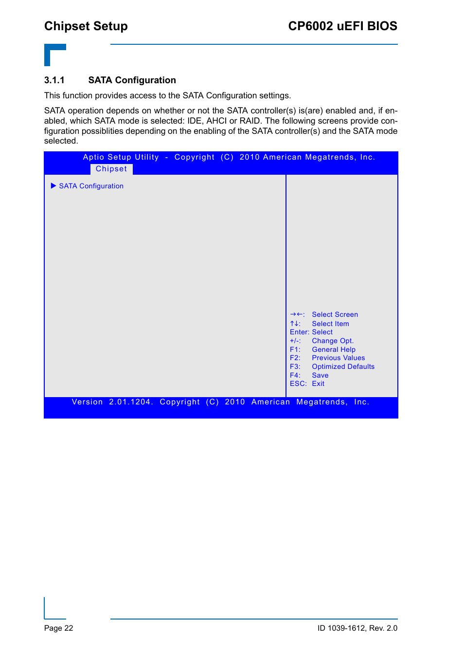 1 sata configuration, Sata configuration, Chipset setup cp6002 uefi bios | Kontron CP6002 uEFI BIOS User Manual | Page 28 / 76