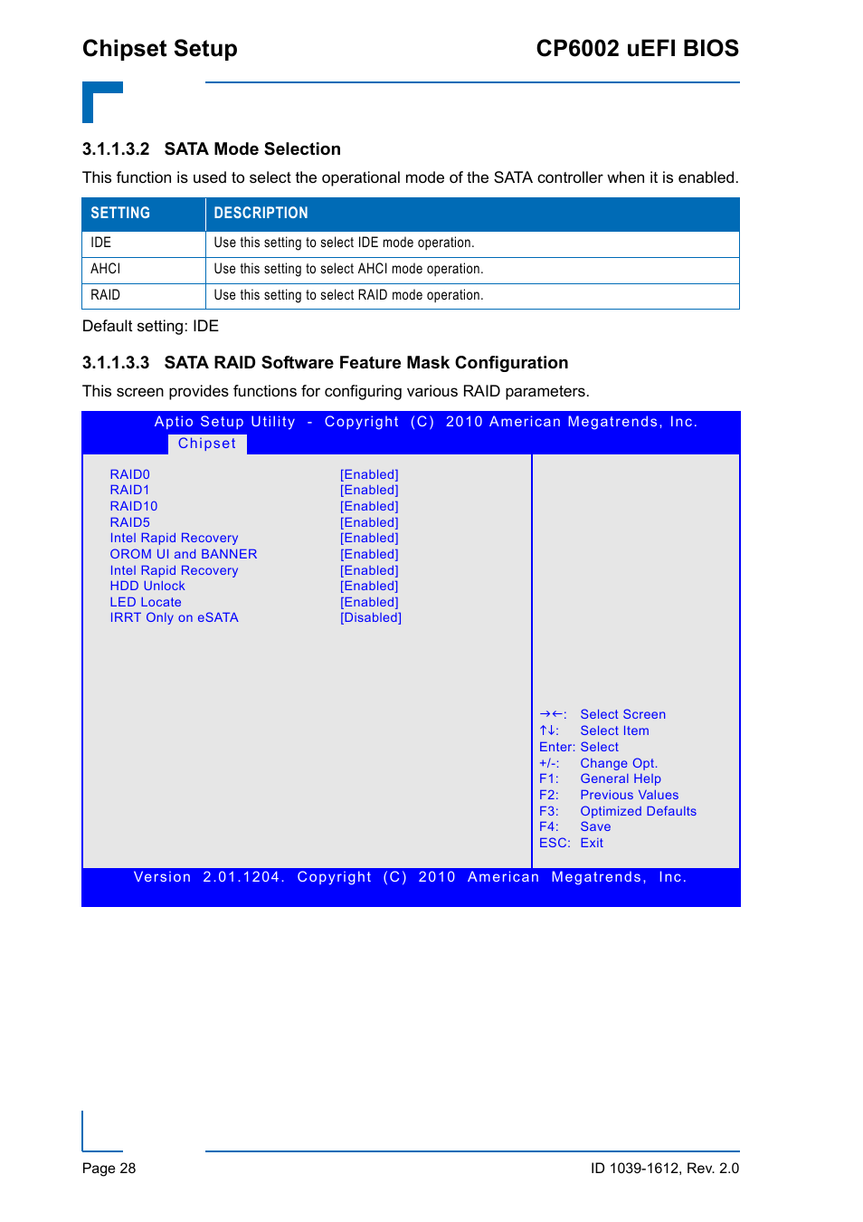 Chipset setup cp6002 uefi bios, 2 sata mode selection, 3 sata raid software feature mask configuration | Kontron CP6002 uEFI BIOS User Manual | Page 34 / 76