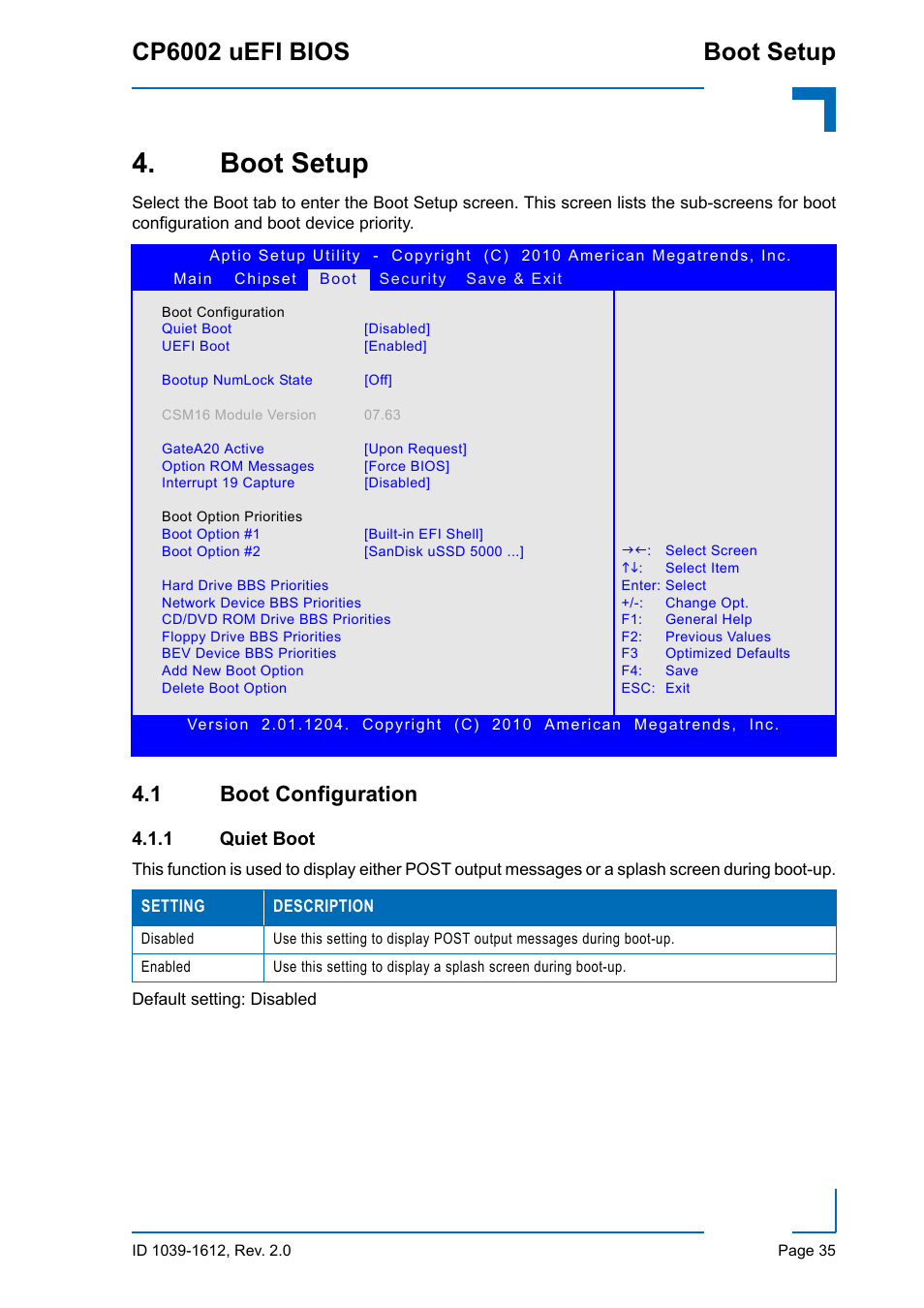 Boot setup, 1 boot configuration, 1 quiet boot | Quiet boot, Cp6002 uefi bios boot setup | Kontron CP6002 uEFI BIOS User Manual | Page 41 / 76