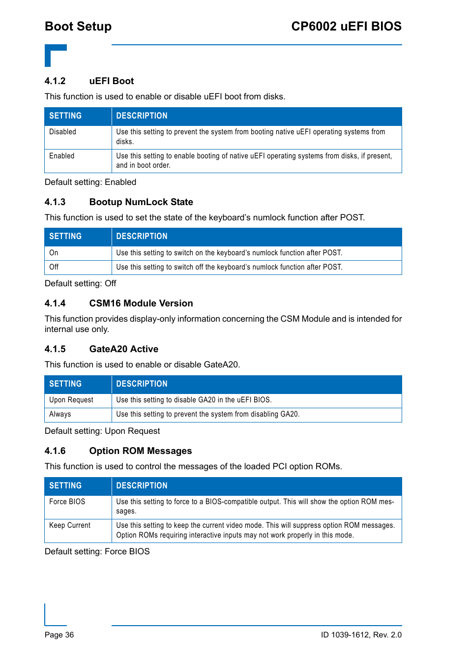 2 uefi boot, 3 bootup numlock state, 4 csm16 module version | 5 gatea20 active, 6 option rom messages, Uefi boot, Bootup numlock state, Csm16 module version, Gatea20 active, Option rom messages | Kontron CP6002 uEFI BIOS User Manual | Page 42 / 76