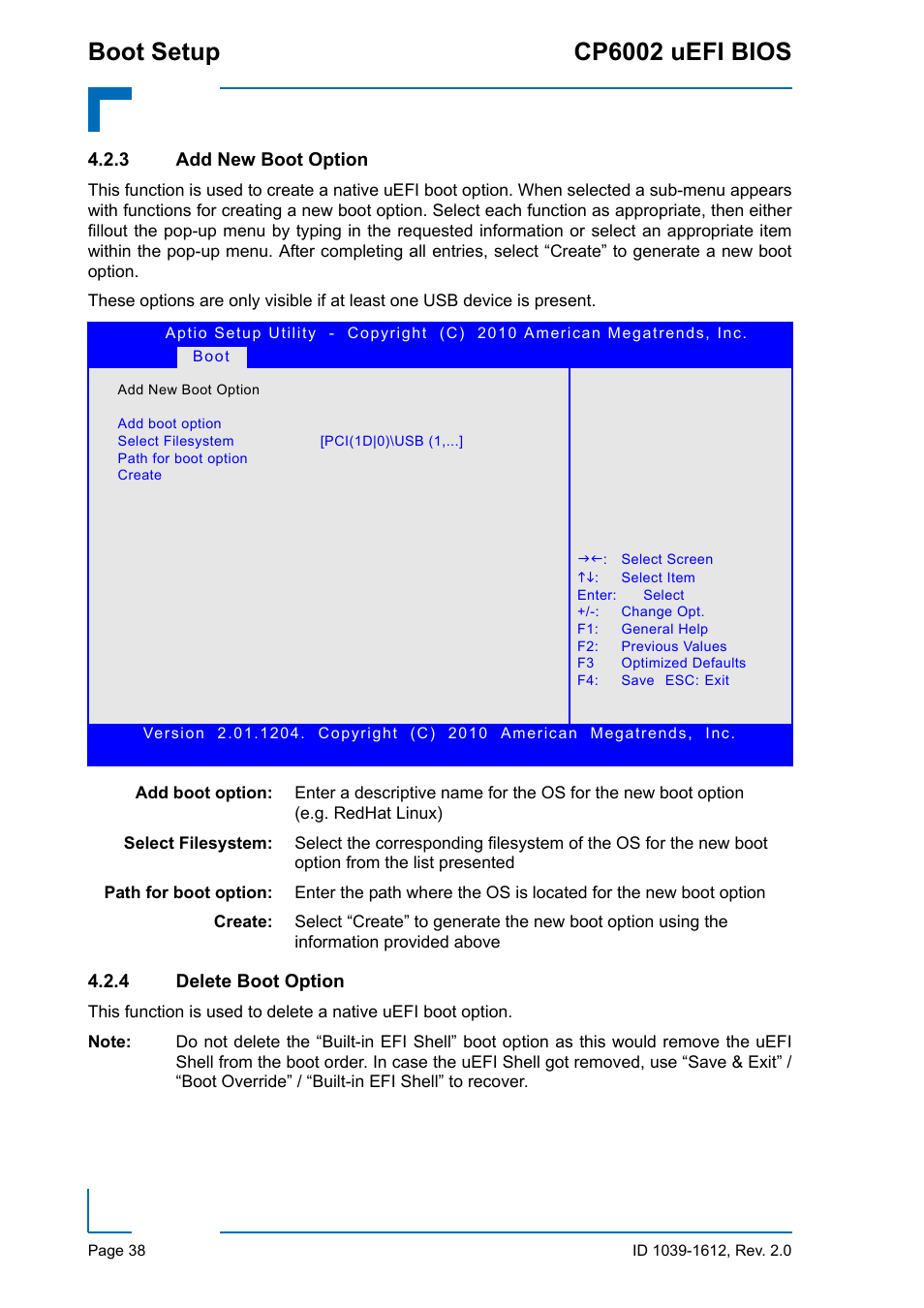 3 add new boot option, 4 delete boot option, Add new boot option | Delete boot option, Boot setup cp6002 uefi bios | Kontron CP6002 uEFI BIOS User Manual | Page 44 / 76