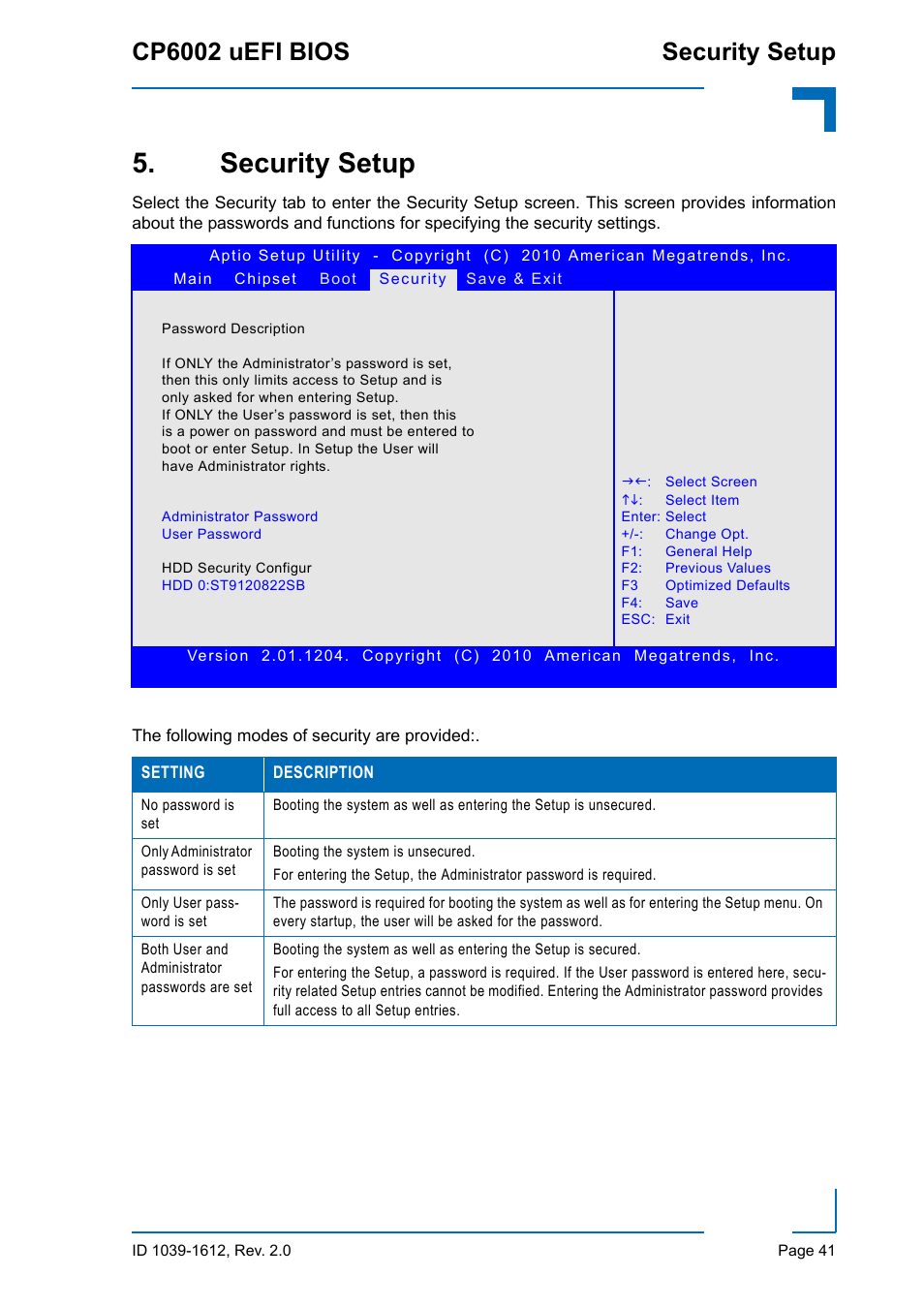 Security setup, Cp6002 uefi bios security setup | Kontron CP6002 uEFI BIOS User Manual | Page 47 / 76