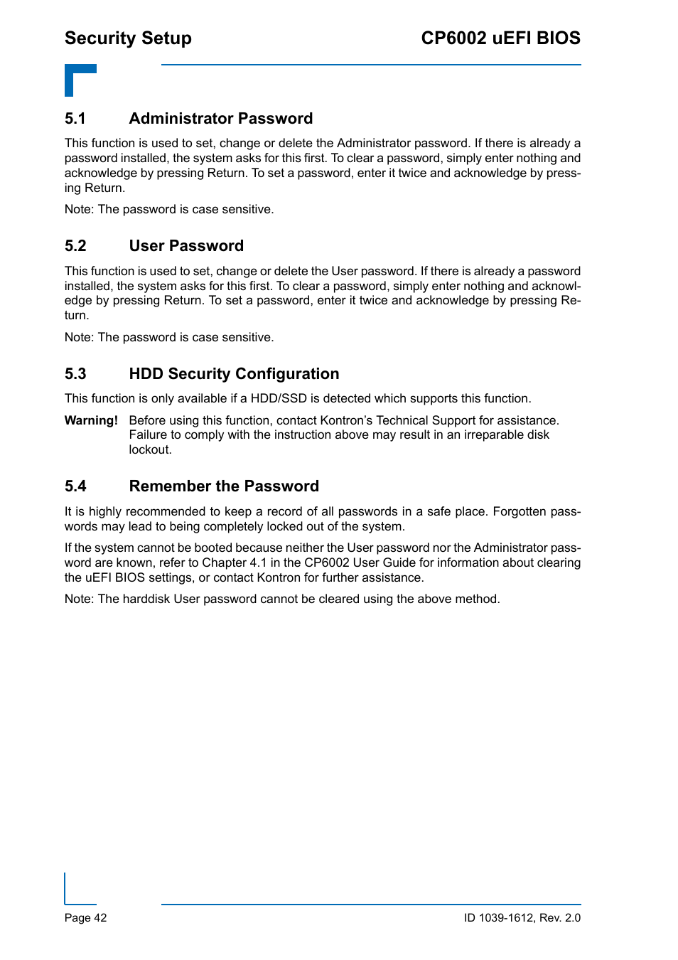 1 administrator password, 2 user password, 3 hdd security configuration | 4 remember the password, Security setup cp6002 uefi bios | Kontron CP6002 uEFI BIOS User Manual | Page 48 / 76