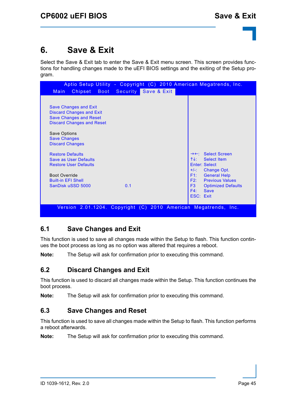 Save & exit, 1 save changes and exit, 2 discard changes and exit | 3 save changes and reset, Cp6002 uefi bios save & exit | Kontron CP6002 uEFI BIOS User Manual | Page 51 / 76