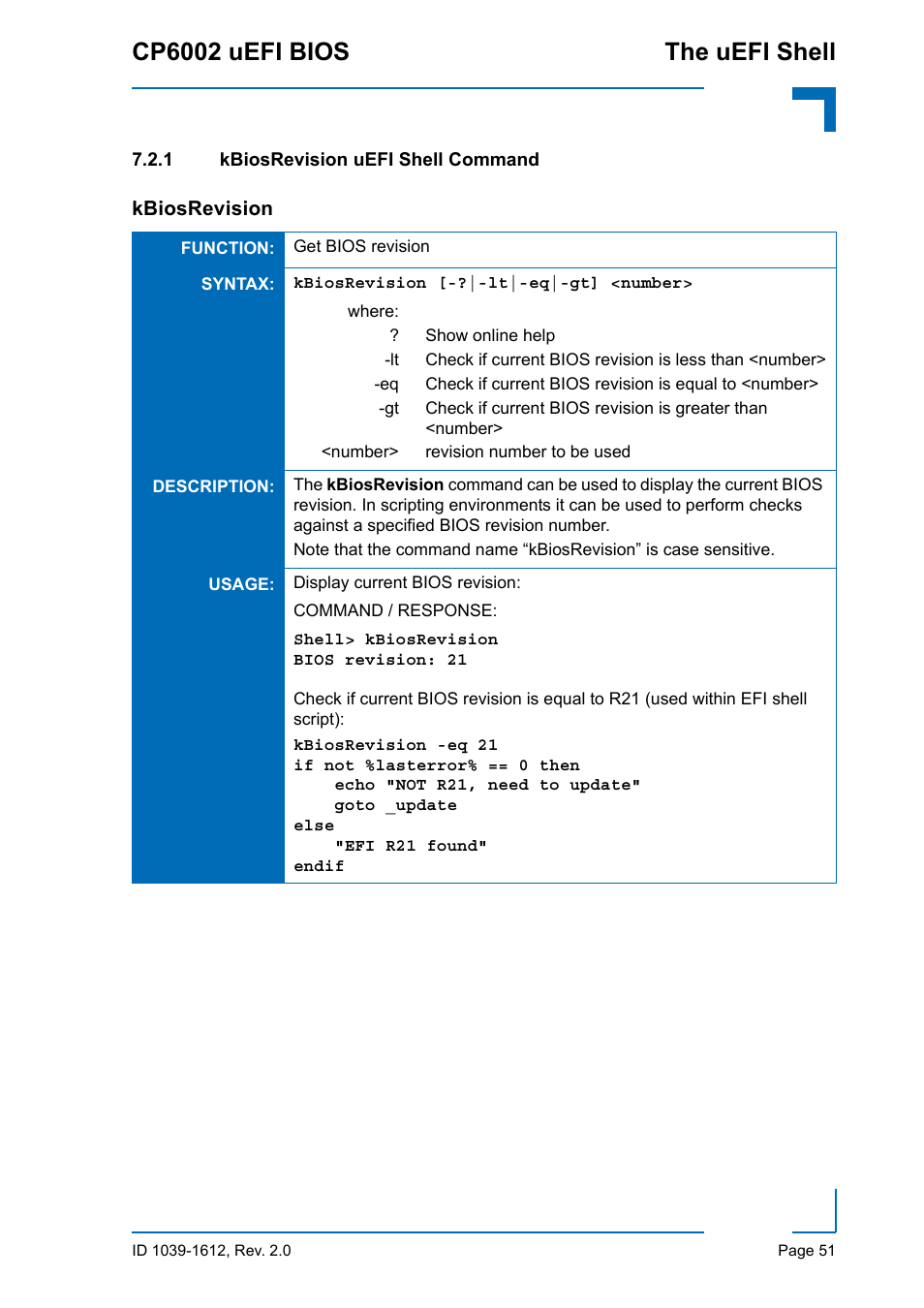 1 kbiosrevision uefi shell command, Kbiosrevision uefi shell command, Cp6002 uefi bios the uefi shell | Kontron CP6002 uEFI BIOS User Manual | Page 57 / 76