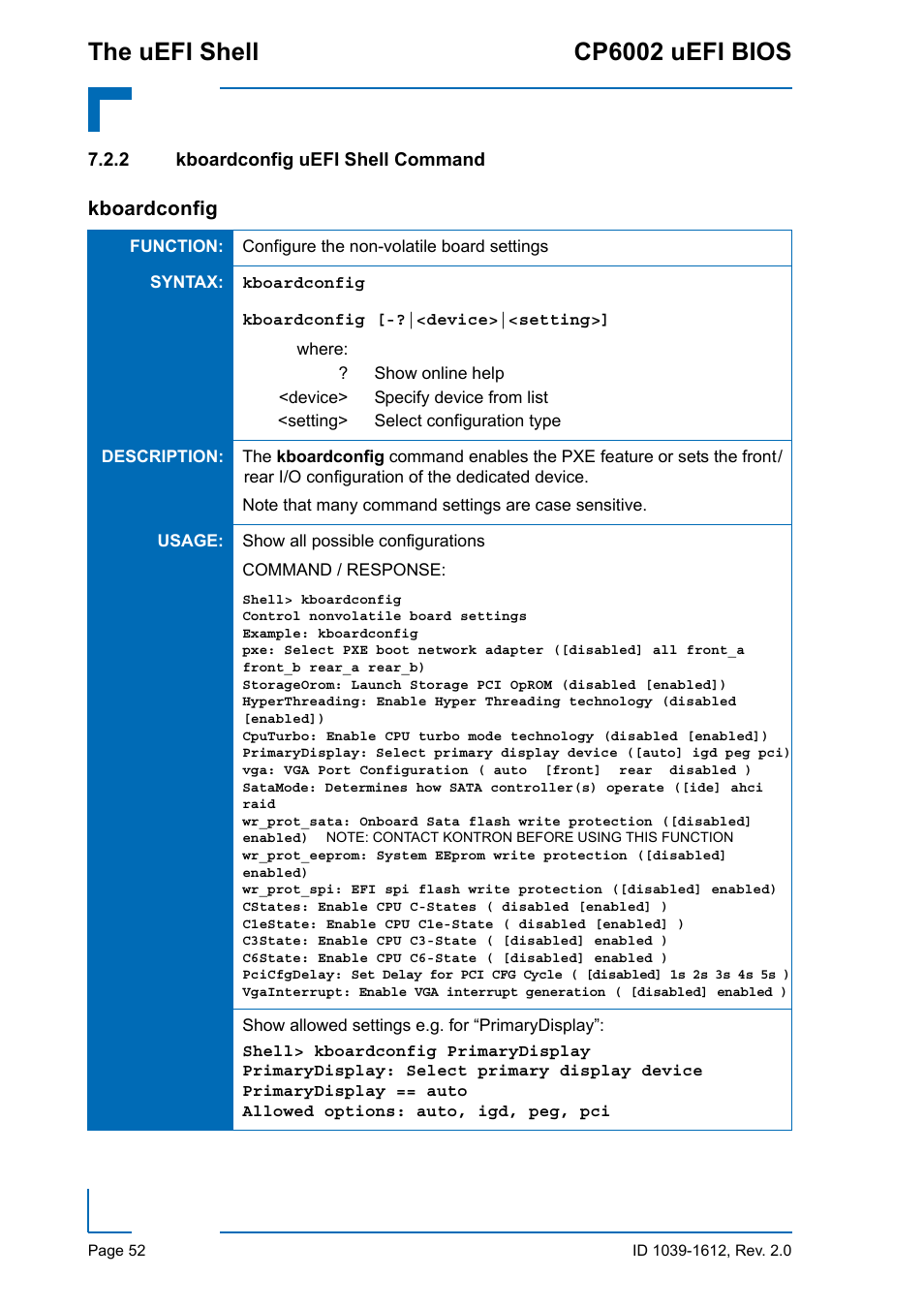 2 kboardconfig uefi shell command, Kboardconfig uefi shell command, The uefi shell cp6002 uefi bios | Kboardconfig | Kontron CP6002 uEFI BIOS User Manual | Page 58 / 76