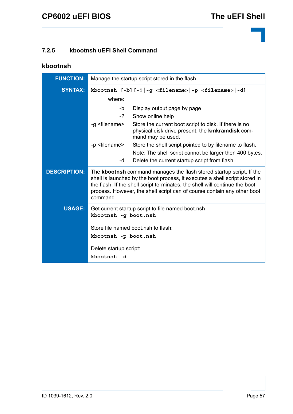 5 kbootnsh uefi shell command, Kbootnsh uefi shell command, Cp6002 uefi bios the uefi shell | Kontron CP6002 uEFI BIOS User Manual | Page 63 / 76