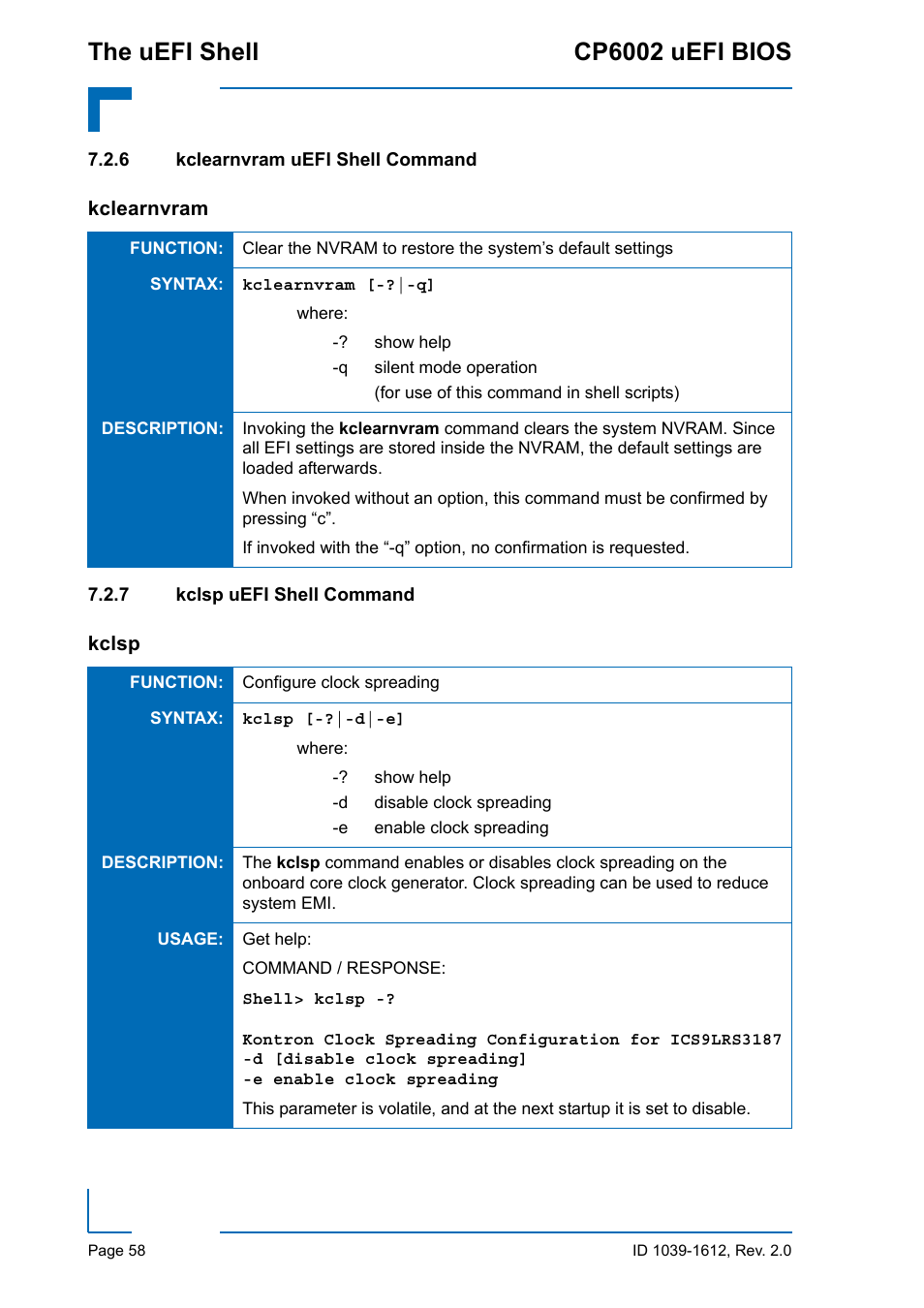6 kclearnvram uefi shell command, 7 kclsp uefi shell command, Kclearnvram uefi shell command | Kclsp uefi shell command, The uefi shell cp6002 uefi bios | Kontron CP6002 uEFI BIOS User Manual | Page 64 / 76