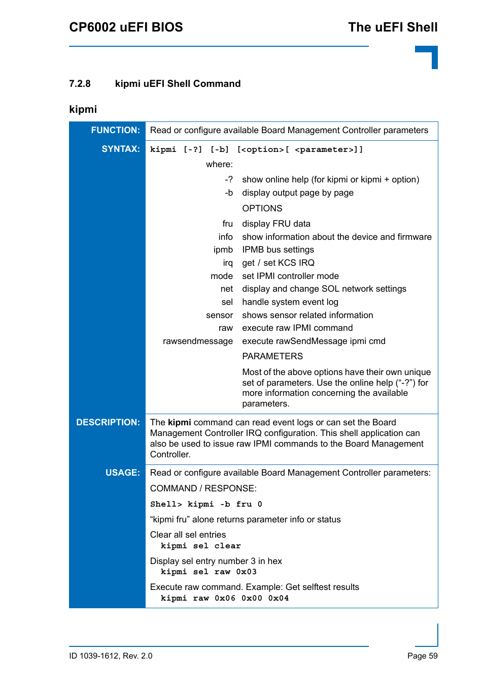 8 kipmi uefi shell command, Kipmi uefi shell command, Cp6002 uefi bios the uefi shell | Kontron CP6002 uEFI BIOS User Manual | Page 65 / 76