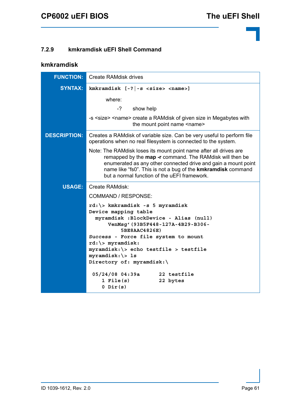 9 kmkramdisk uefi shell command, Kmkramdisk uefi shell command, Cp6002 uefi bios the uefi shell | Kontron CP6002 uEFI BIOS User Manual | Page 67 / 76