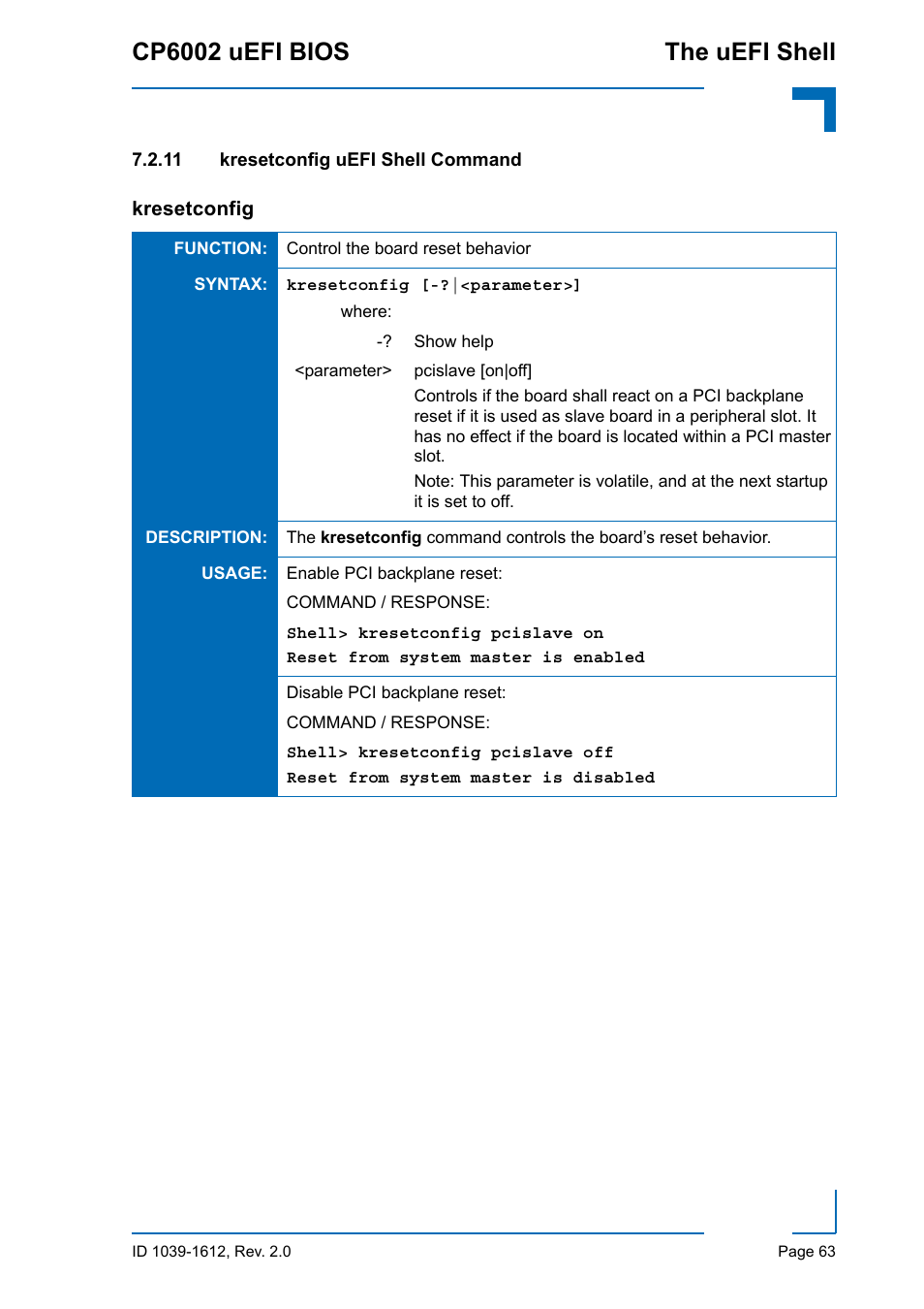11 kresetconfig uefi shell command, Cp6002 uefi bios the uefi shell | Kontron CP6002 uEFI BIOS User Manual | Page 69 / 76