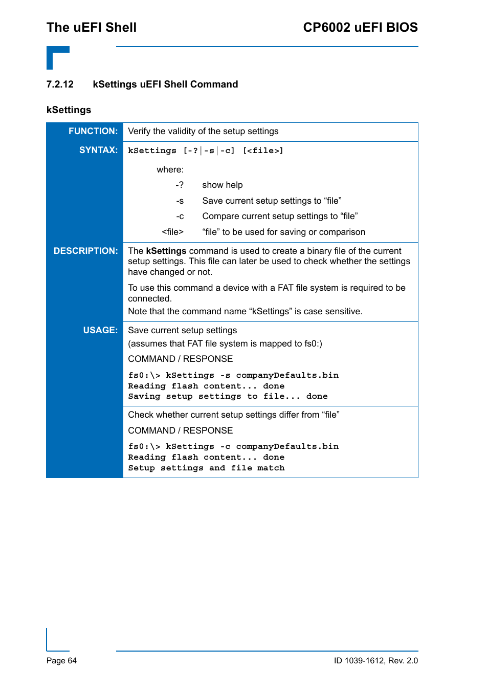 12 ksettings uefi shell command, The uefi shell cp6002 uefi bios | Kontron CP6002 uEFI BIOS User Manual | Page 70 / 76