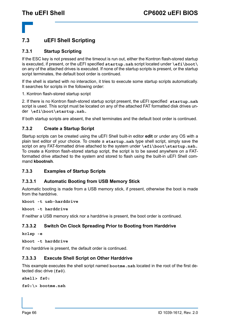 3 uefi shell scripting, 1 startup scripting, 2 create a startup script | 3 examples of startup scripts, Startup scripting, Create a startup script, Examples of startup scripts, Automatic booting from usb memory stick, Execute shell script on other harddrive, The uefi shell cp6002 uefi bios | Kontron CP6002 uEFI BIOS User Manual | Page 72 / 76