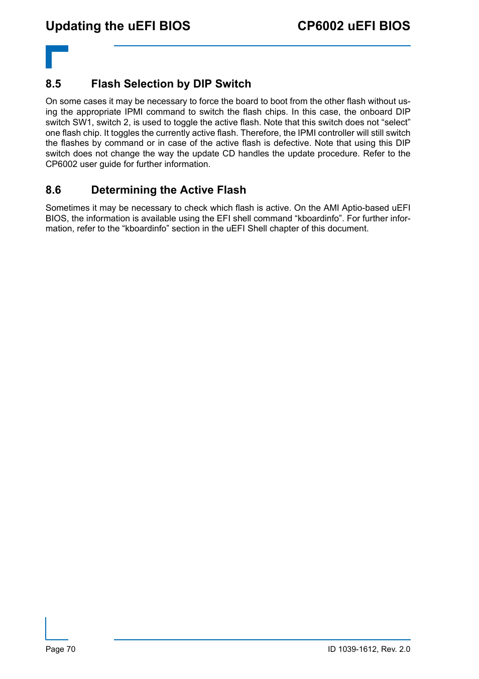 5 flash selection by dip switch, 6 determining the active flash, Updating the uefi bios cp6002 uefi bios | Kontron CP6002 uEFI BIOS User Manual | Page 76 / 76