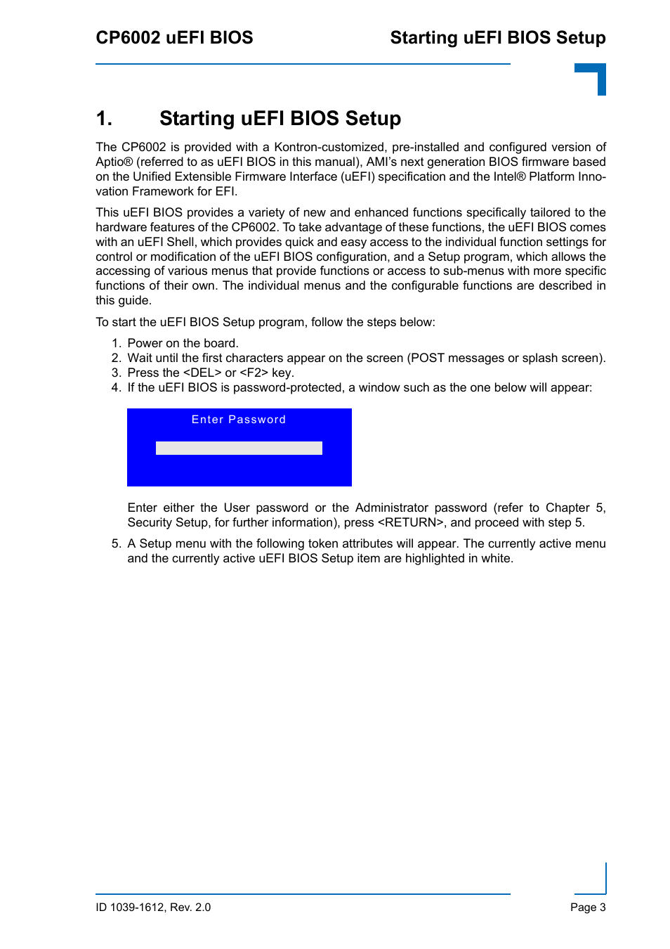 Starting uefi bios setup, Cp6002 uefi bios starting uefi bios setup | Kontron CP6002 uEFI BIOS User Manual | Page 9 / 76