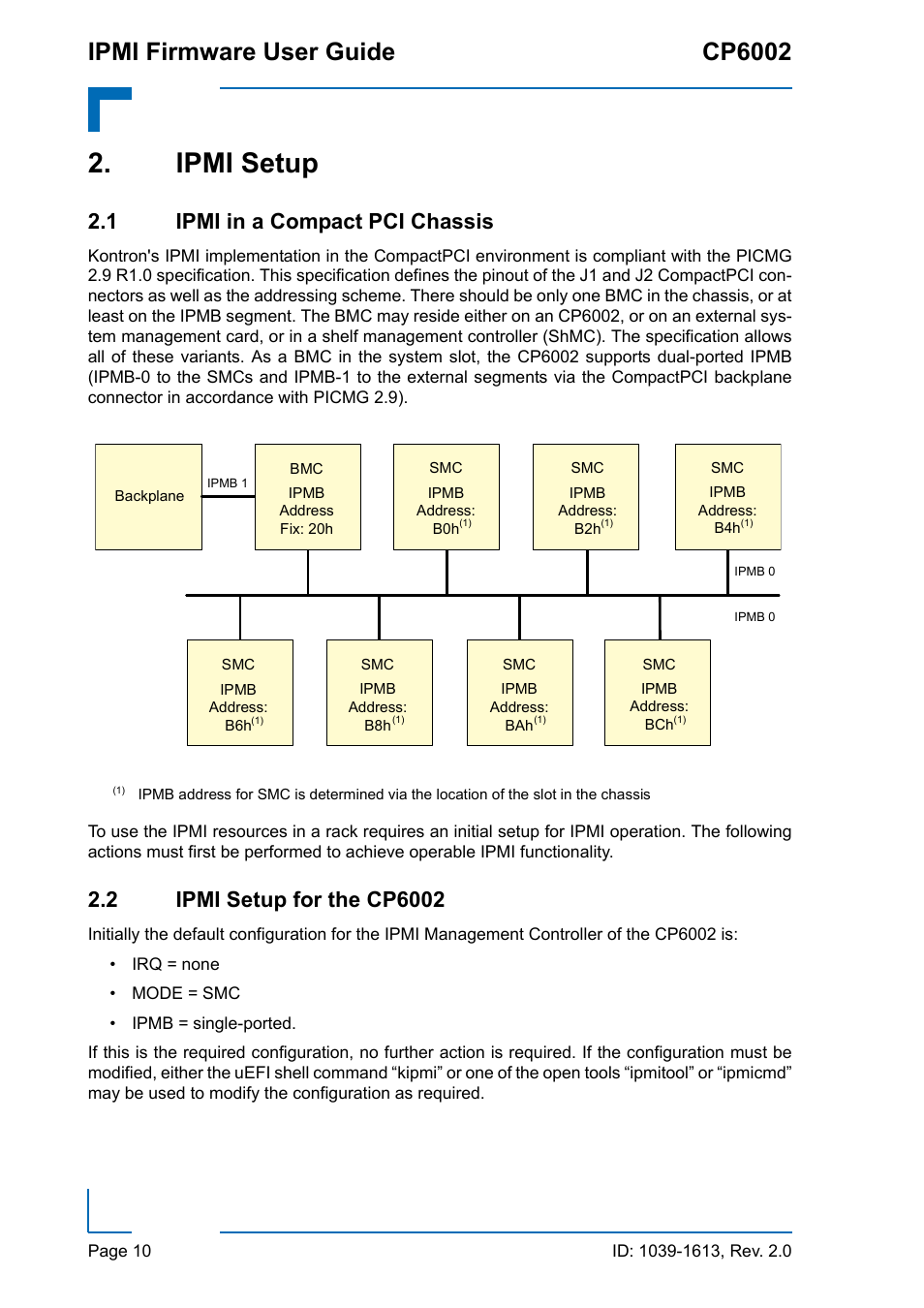 Ipmi setup, 1 ipmi in a compact pci chassis, 2 ipmi setup for the cp6002 | Ipmi firmware user guide cp6002 | Kontron CP6002 IPMI User Manual | Page 10 / 40
