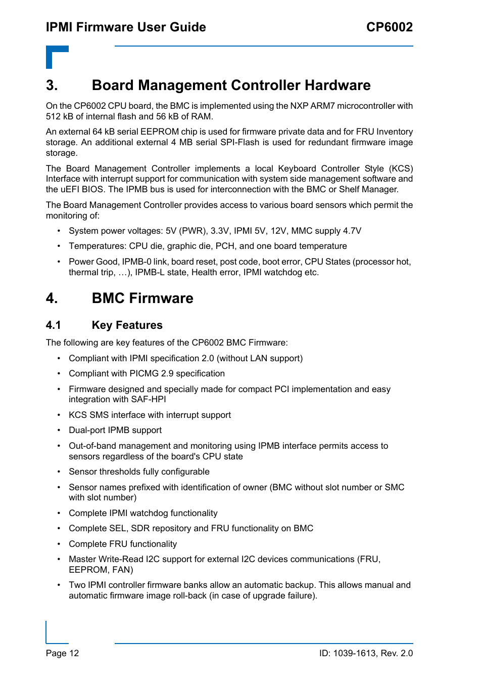 Board management controller hardware, Bmc firmware, 1 key features | Ipmi firmware user guide cp6002 | Kontron CP6002 IPMI User Manual | Page 12 / 40