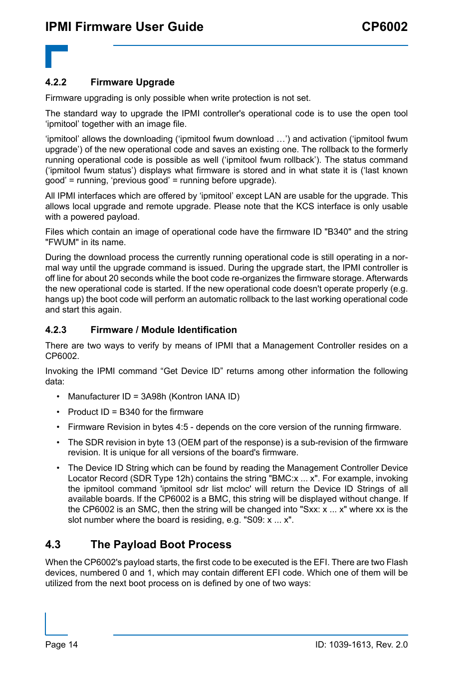 2 firmware upgrade, 3 firmware / module identification, 3 the payload boot process | Firmware upgrade, Firmware / module identification, Ipmi firmware user guide cp6002 | Kontron CP6002 IPMI User Manual | Page 14 / 40