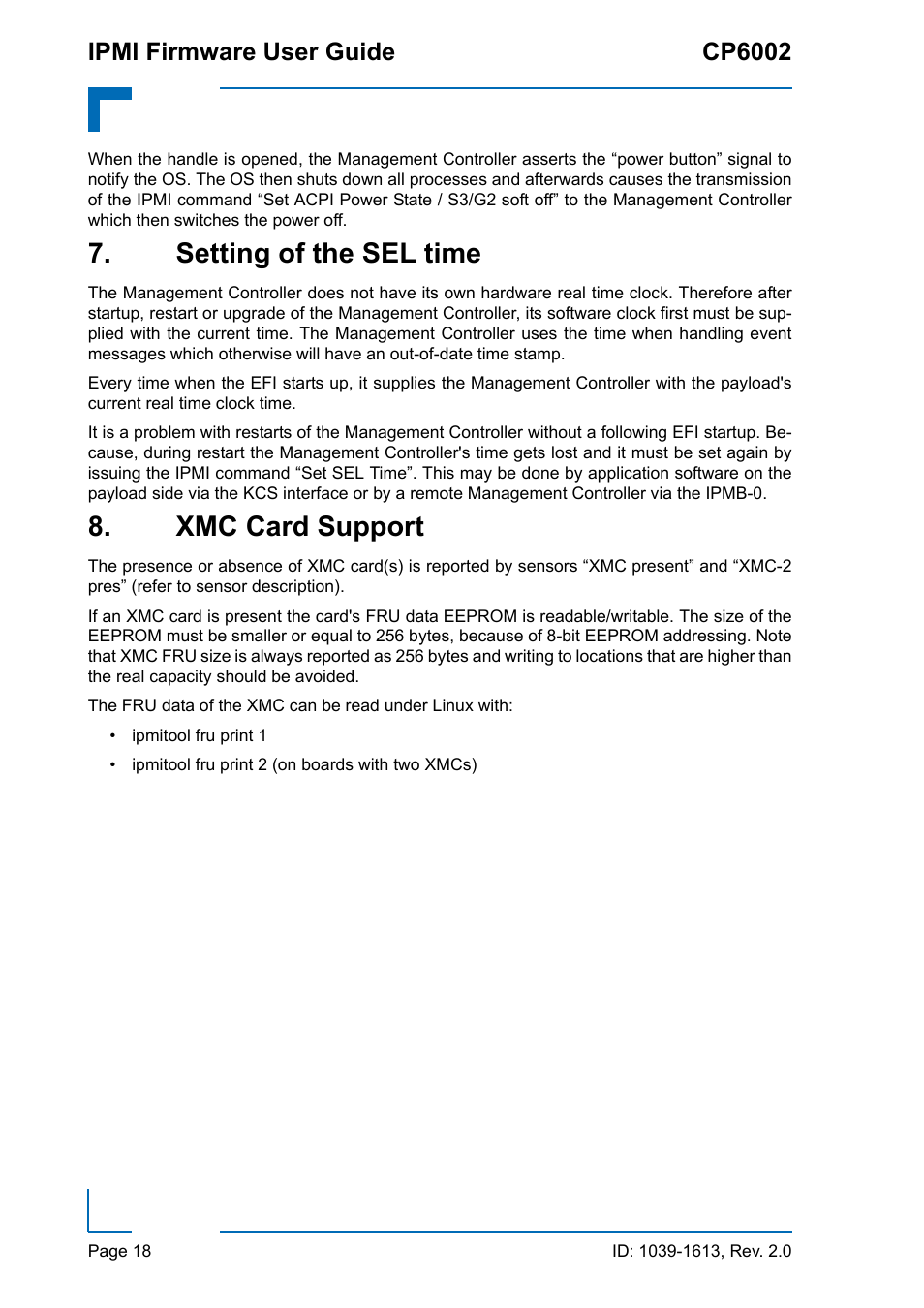 Setting of the sel time, Xmc card support, Ipmi firmware user guide cp6002 | Kontron CP6002 IPMI User Manual | Page 18 / 40