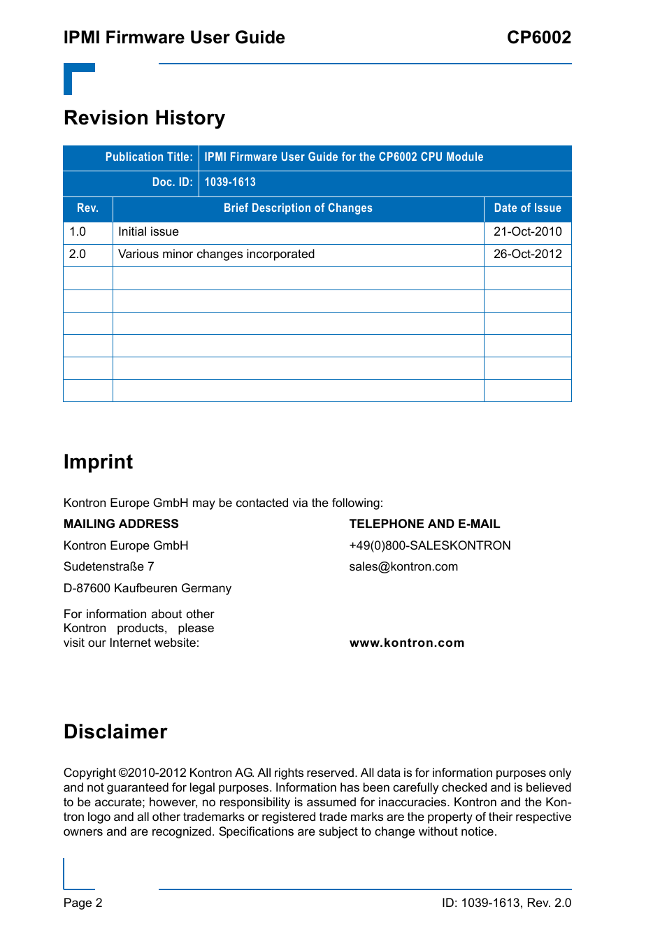 Revision history, Imprint, Disclaimer | Revision history imprint, Ipmi firmware user guide cp6002 | Kontron CP6002 IPMI User Manual | Page 2 / 40