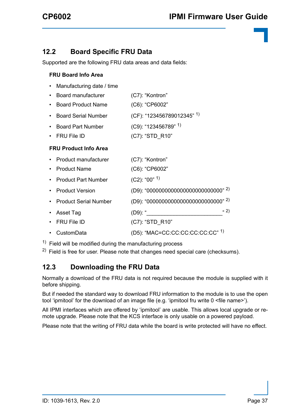 2 board specific fru data, 3 downloading the fru data, Cp6002 ipmi firmware user guide | Kontron CP6002 IPMI User Manual | Page 37 / 40