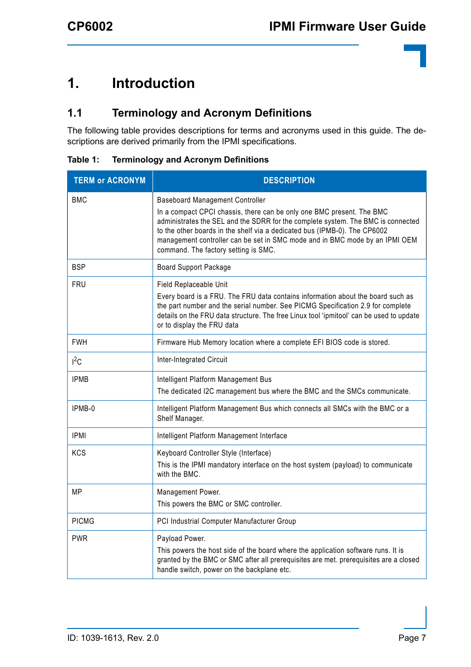 Introduction, 1 terminology and acronym definitions, Terminology and acronym definitions | Cp6002 ipmi firmware user guide | Kontron CP6002 IPMI User Manual | Page 7 / 40