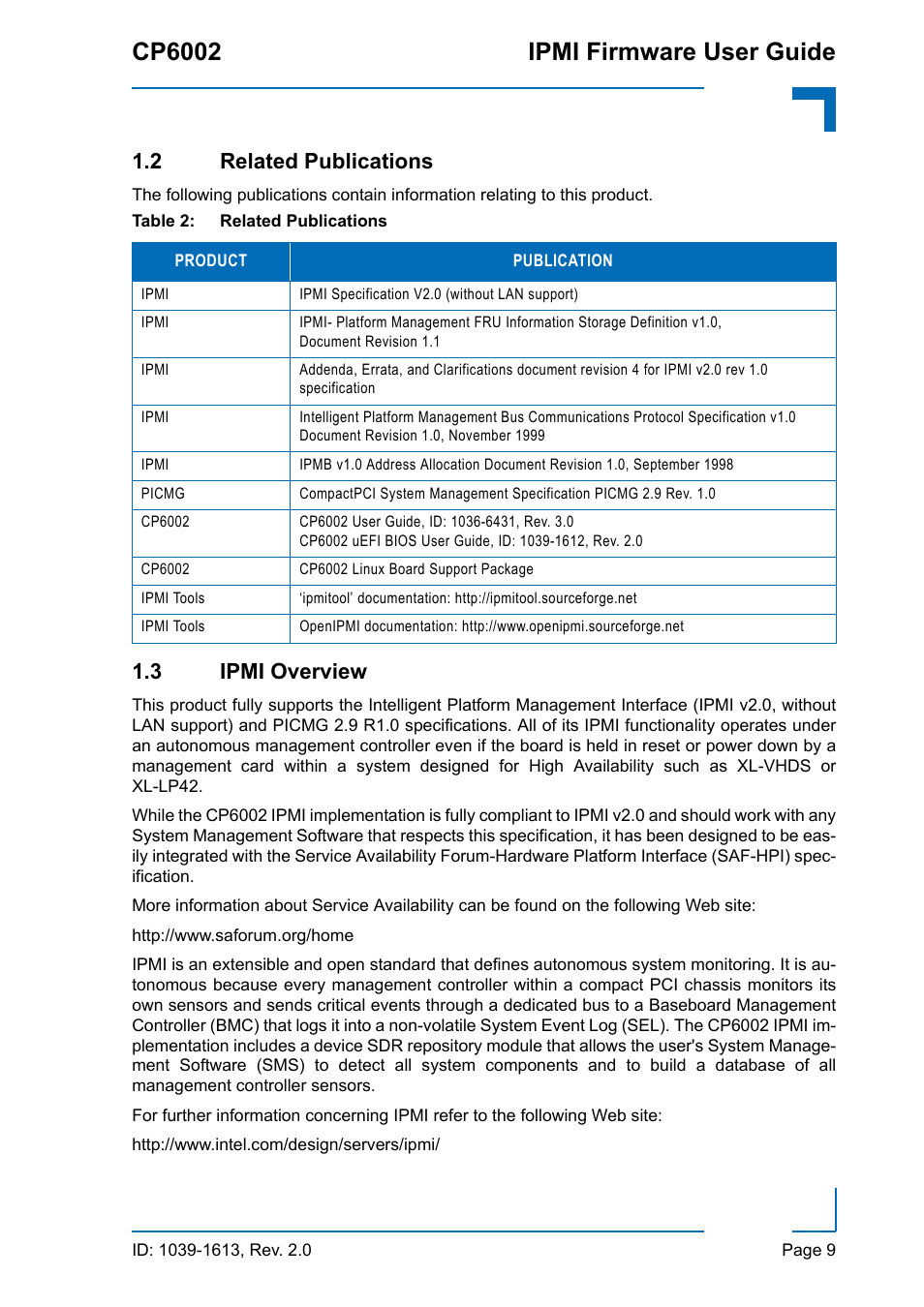 2 related publications, 3 ipmi overview, 2 related publications 1.3 ipmi overview | Related publications, Cp6002 ipmi firmware user guide | Kontron CP6002 IPMI User Manual | Page 9 / 40