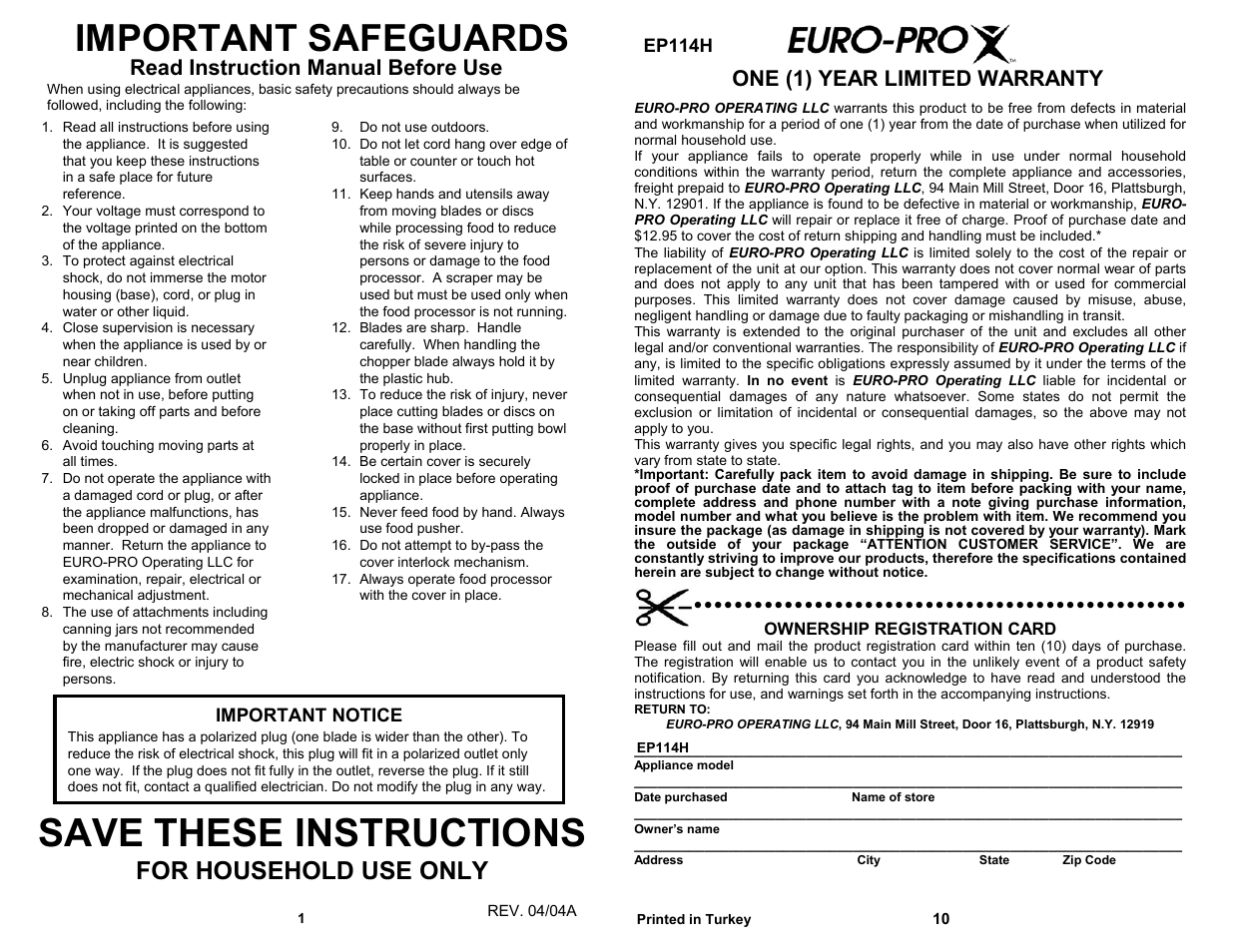 Save these instructions, Important safeguards, For household use only | Read instruction manual before use, One (1) year limited warranty | Bravetti QUAD BLADE FOOD PROCESSOR EP114H User Manual | Page 2 / 6