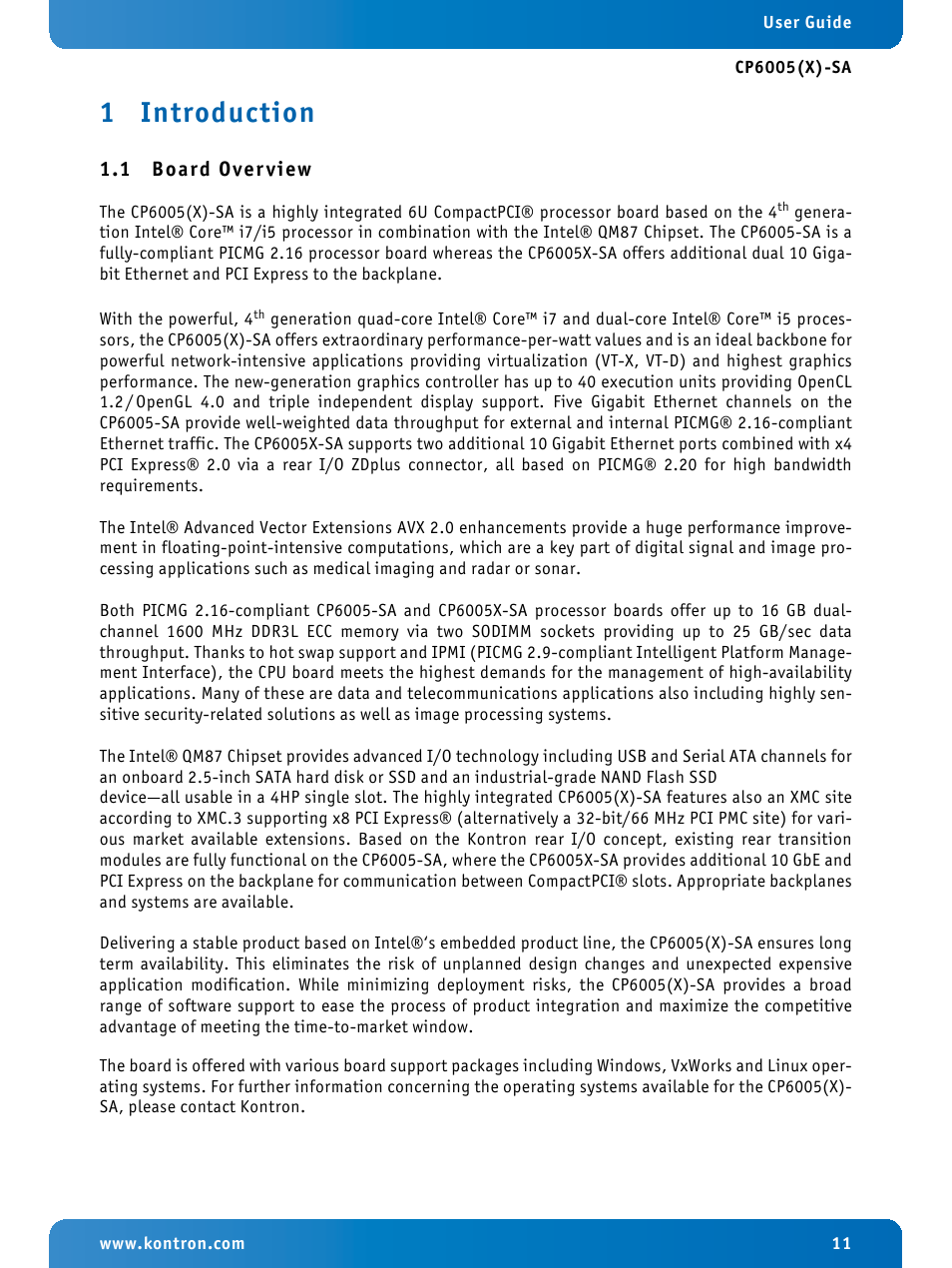 1 introduction, 1 board overview, Introduction | Board overview | Kontron CP6005X-SA User Manual | Page 11 / 24