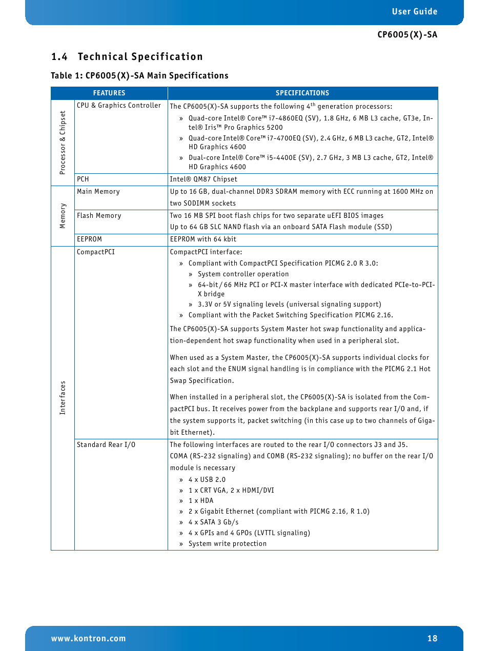 4 technical specification, Technical specification, Cp6005(x)-sa main specifications | 4 technical specif ication | Kontron CP6005X-SA User Manual | Page 18 / 24