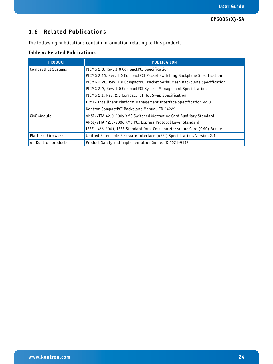 6 related publications, Related publications | Kontron CP6005X-SA User Manual | Page 24 / 24