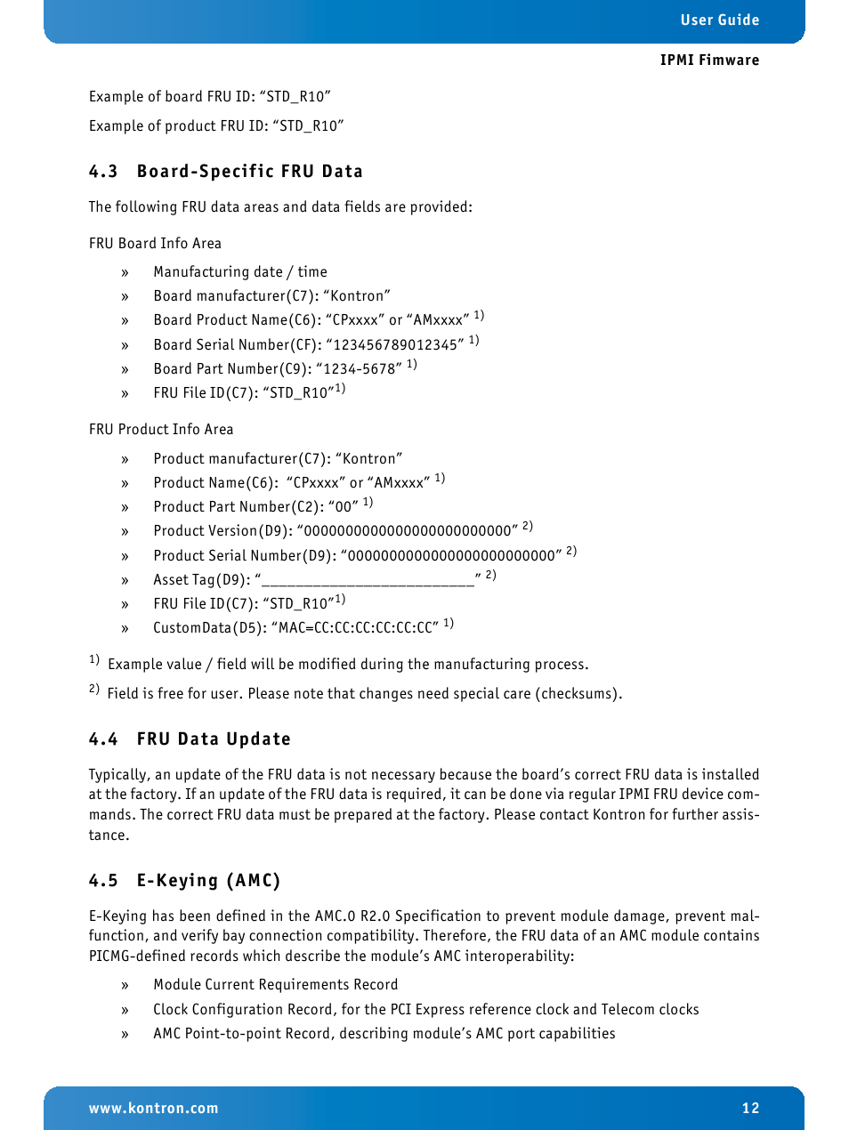 3 board-specific fru data, 4 fru data update, 5 e-keying (amc) | Board-specific fru data, Fru data update, E-keying (amc) | Kontron IPMI Firmware User Manual | Page 12 / 22
