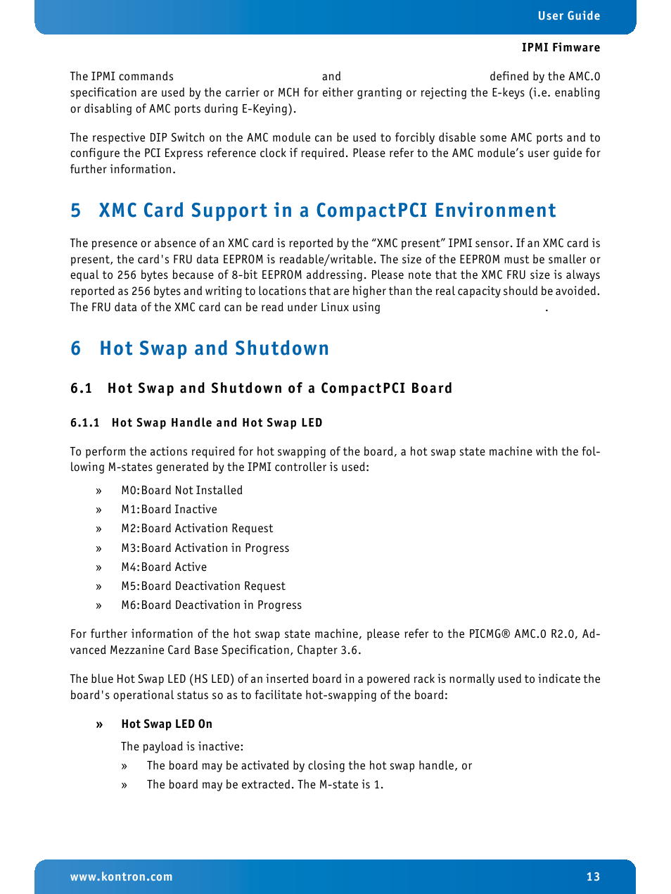 5 xmc card support in a compactpci environment, 6 hot swap and shutdown, 1 hot swap and shutdown of a compactpci board | 1 hot swap handle and hot swap led, Xmc card support in a compactpci environment, Hot swap and shutdown, Hot swap and shutdown of a compactpci board, Hot swap handle and hot swap led | Kontron IPMI Firmware User Manual | Page 13 / 22