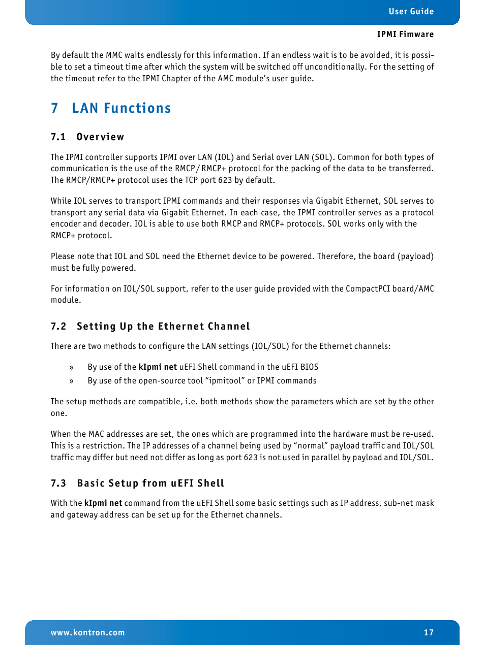 7 lan functions, 1 overview, 2 setting up the ethernet channel | 3 basic setup from uefi shell, Lan functions, Overview, Setting up the ethernet channel, Basic setup from uefi shell | Kontron IPMI Firmware User Manual | Page 17 / 22