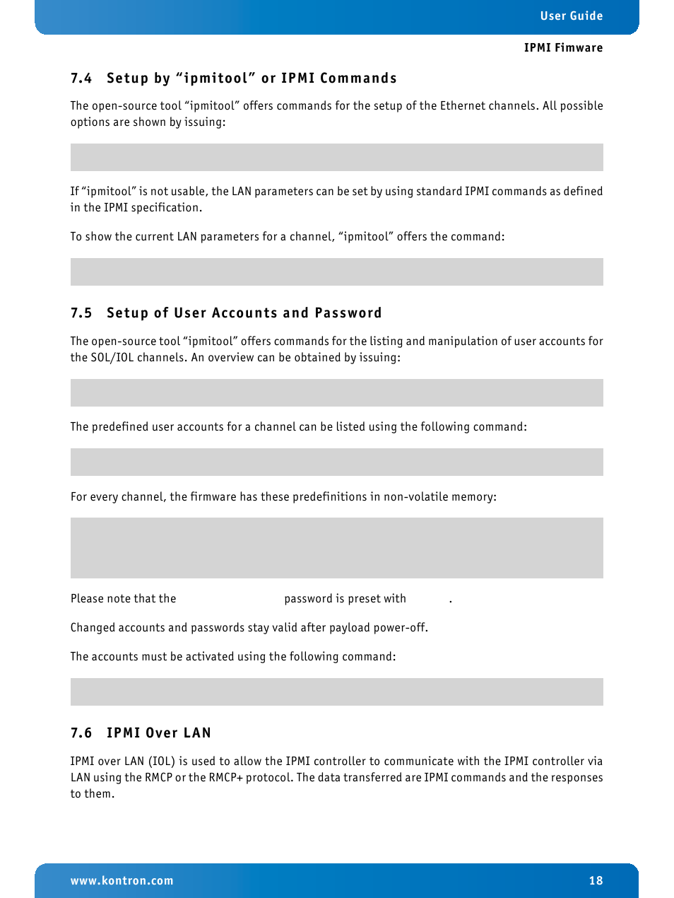 4 setup by “ipmitool” or ipmi commands, 5 setup of user accounts and password, 6 ipmi over lan | Setup by “ipmitool” or ipmi commands, Setup of user accounts and password, Ipmi over lan | Kontron IPMI Firmware User Manual | Page 18 / 22
