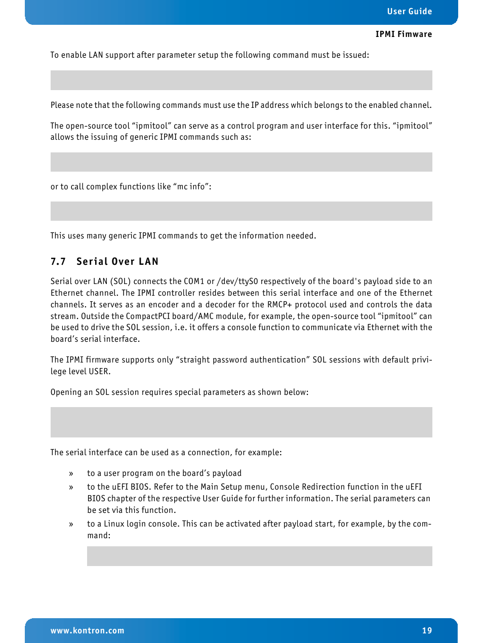 7 serial over lan, Serial over lan | Kontron IPMI Firmware User Manual | Page 19 / 22