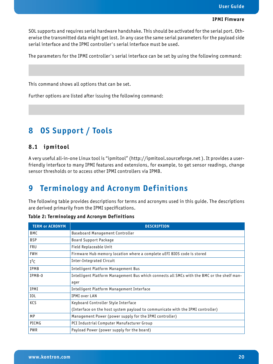 8 os support / tools, 1 ipmitool, 9 terminology and acronym definitions | Os support / tools, Ipmitool, Terminology and acronym definitions | Kontron IPMI Firmware User Manual | Page 20 / 22
