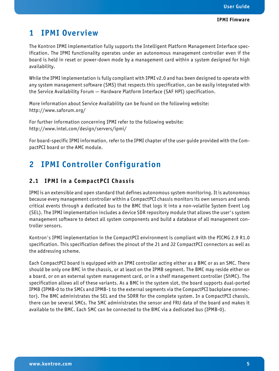 1 ipmi overview, 2 ipmi controller configuration, 1 ipmi in a compactpci chassis | Ipmi overview, Ipmi controller configuration, Ipmi in a compactpci chassis | Kontron IPMI Firmware User Manual | Page 5 / 22
