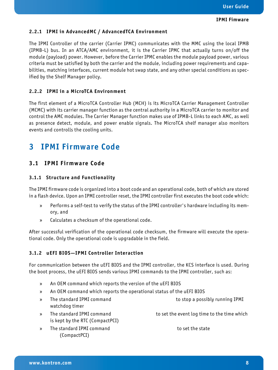 1 ipmi in advancedmc / advancedtca environment, 2 ipmi in a microtca environment, 3 ipmi firmware code | 1 ipmi firmware code, 1 structure and functionality, 2 uefi bios—ipmi controller interaction, Ipmi in advancedmc / advancedtca environment, Ipmi in a microtca environment, Ipmi firmware code, Structure and functionality | Kontron IPMI Firmware User Manual | Page 8 / 22