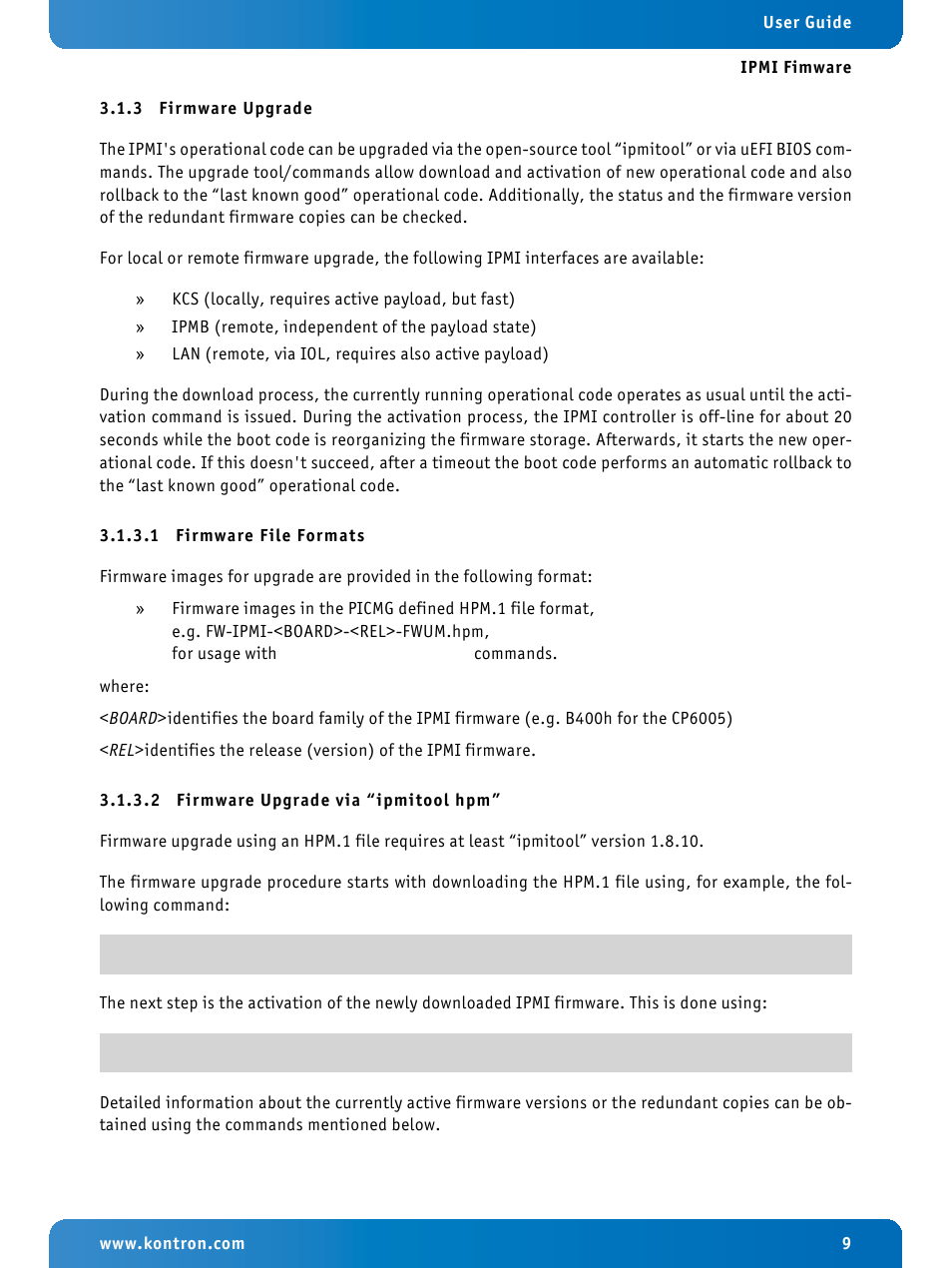 3 firmware upgrade, 1 firmware file formats, 2 firmware upgrade via “ipmitool hpm | Firmware upgrade, Firmware file formats, Firmware upgrade via “ipmitool hpm | Kontron IPMI Firmware User Manual | Page 9 / 22