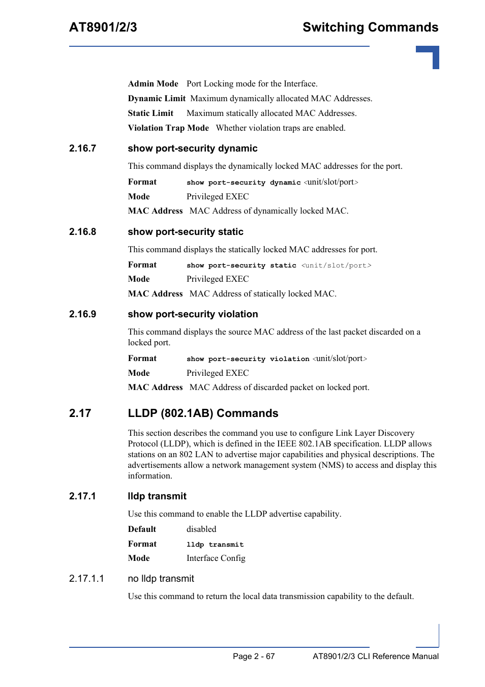 7 show port-security dynamic, 8 show port-security static, 9 show port-security violation | 17 lldp (802.1ab) commands, 1 lldp transmit, 17 lldp (802.1ab) commands - 67, 1 lldp transmit - 67 | Kontron AT890X Full-Size CLI User Manual | Page 101 / 304