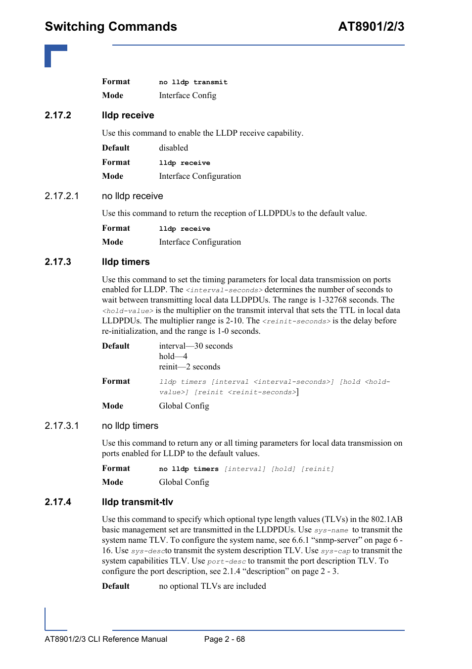 2 lldp receive, 3 lldp timers, 4 lldp transmit-tlv | Kontron AT890X Full-Size CLI User Manual | Page 102 / 304