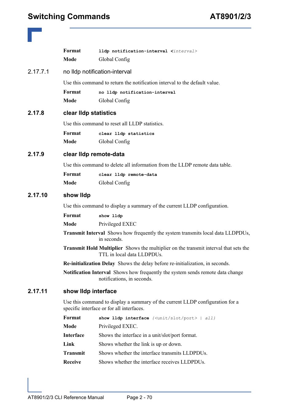 8 clear lldp statistics, 9 clear lldp remote-data, 10 show lldp | 11 show lldp interface | Kontron AT890X Full-Size CLI User Manual | Page 104 / 304