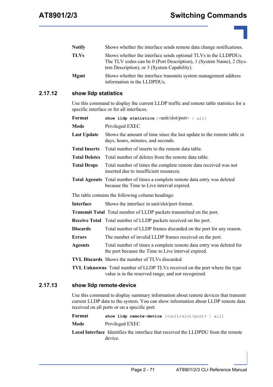 12 show lldp statistics, 13 show lldp remote-device | Kontron AT890X Full-Size CLI User Manual | Page 105 / 304