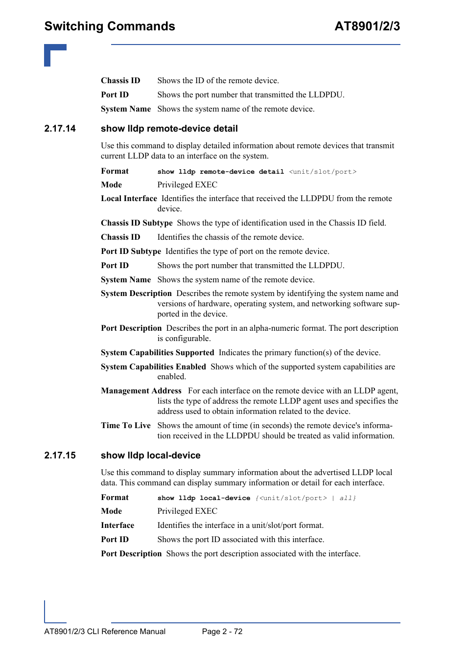 14 show lldp remote-device detail, 15 show lldp local-device | Kontron AT890X Full-Size CLI User Manual | Page 106 / 304