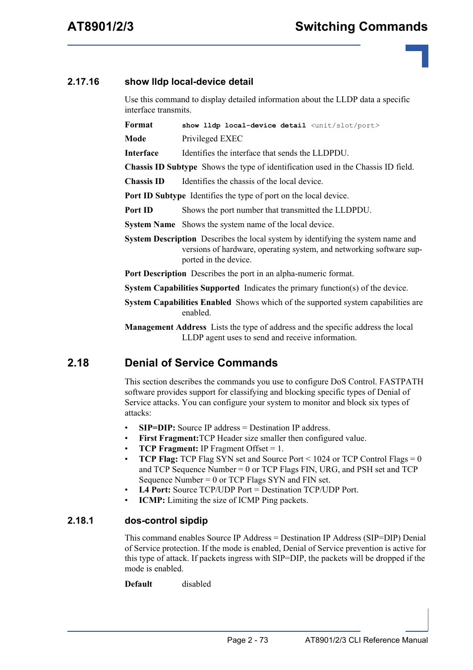 16 show lldp local-device detail, 18 denial of service commands, 1 dos-control sipdip | 16 show lldp local-device detail - 73, 18 denial of service commands - 73, 1 dos-control sipdip - 73 | Kontron AT890X Full-Size CLI User Manual | Page 107 / 304